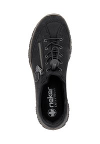 Chaussure noire avec un dessus en cuir texturé, dotée d'une fermeture éclair sur le côté, d'un laçage à l'avant et d'une semelle intérieure anti-stress. Bout arrondi et semelle flexible.