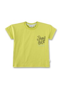 Limegrünes Baumwoll-T-Shirt mit kurzen Ärmeln, auf der Vorderseite mit "JUNGLE ISLAND" in Schwarz und Blau bedruckt. Sauberer Rundhalsausschnitt.