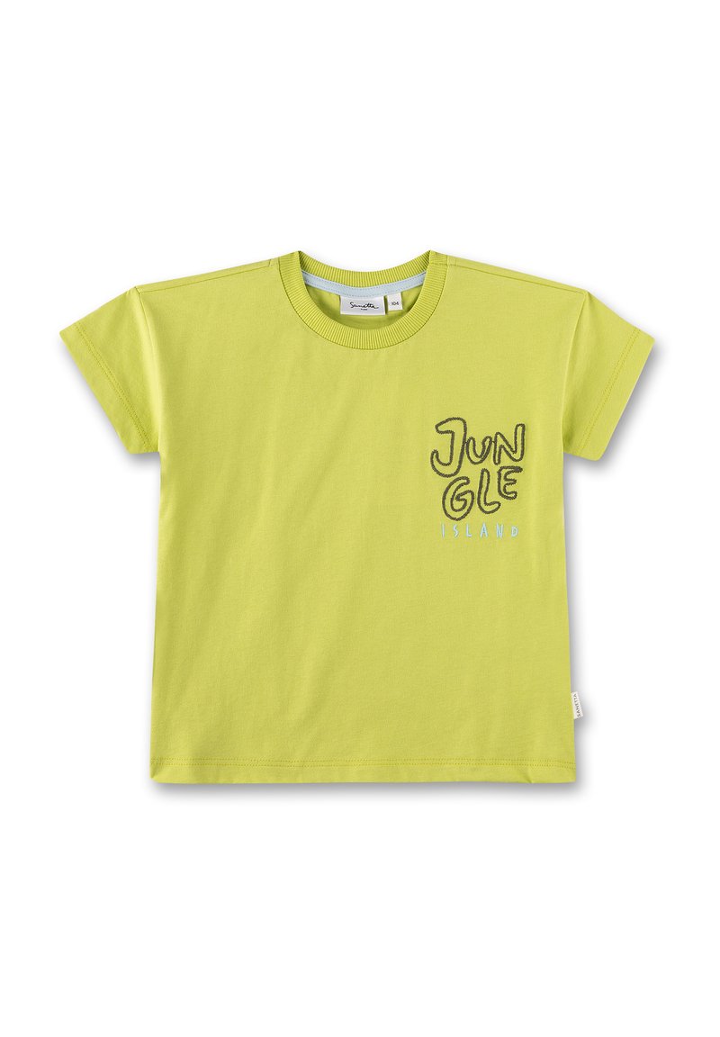 Limegrünes Baumwoll-T-Shirt mit kurzen Ärmeln, auf der Vorderseite mit "JUNGLE ISLAND" in Schwarz und Blau bedruckt. Sauberer Rundhalsausschnitt.