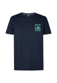T-shirt en coton marine à manches courtes. Décoré d'un imprimé graphique turquoise sur la poitrine gauche et d'une étiquette en bas à gauche.