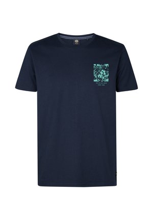 T-shirt di cotone navy con maniche corte. Presenta una stampa grafica turchese sul lato sinistro del petto e un'etichetta sul lato in basso a sinistra.