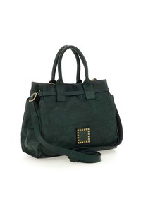 Borsa in pelle verde scuro con doppi manici, tracolla removibile, borchie dorate sul davanti e una silhouette strutturata.