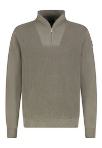 Knit pullover in light olive green, features a half-zip collar, textured pattern, ribbed cuffs, and hem. No visible logo or accents.