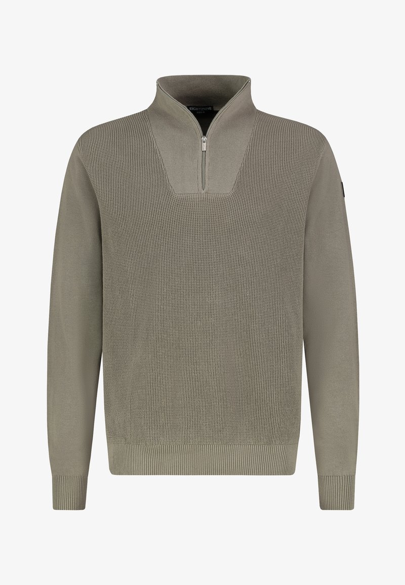Knit pullover in light olive green, features a half-zip collar, textured pattern, ribbed cuffs, and hem. No visible logo or accents.