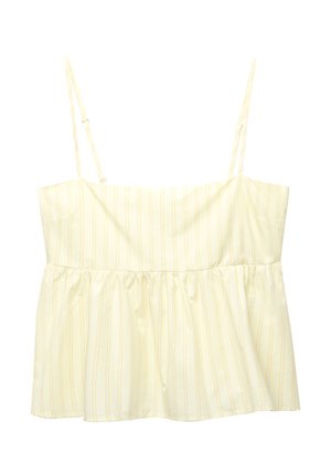 Light yellow peplum top with thin adjustable straps, featuring vertical white stripes and a gathered hem for a relaxed fit.