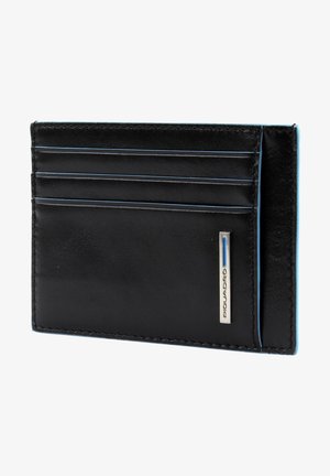 Black leather wallet with multiple card slots, blue stitching, and a silver brand accent. Smooth texture and rectangular shape.