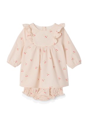 Light pink long-sleeve baby dress and bloomer set with small red cherry prints and ruffled details on the chest and sleeves.