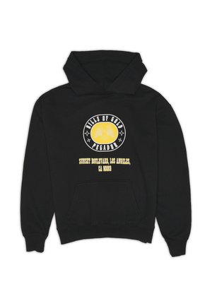 Czarna bluza z kapturem z żółtą okrągłą emblematem i tekstem brzmiącym "Hills of Gold Pegador" oraz "Sunset Boulevard, Los Angeles, CA 90069."
