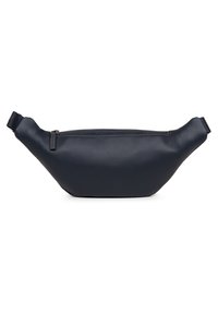 Marsupio in pelle blu navy con texture liscia, chiusura con zip e forma curva ed ergonomica. Design minimalista senza marchi visibili.