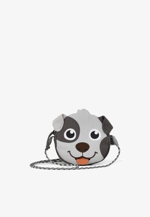 Small gray crossbody bag shaped like a smiling dog face with floppy ears, big eyes, and a tongue sticking out, featuring a braided strap.