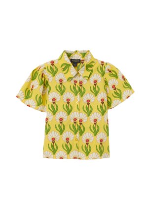 Camicia a maniche corte di colore giallo con un motivo floreale. Presenta margherite bianche con centri rossi e foglie verdi, completata con una chiusura a bottone.