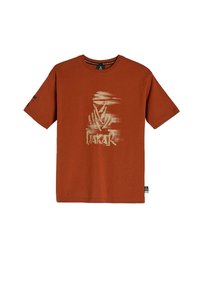 Bawełniany t-shirt w kolorze rdzy z krótkim rękawem. Z przodu znajduje się kremowy nadruk graficzny w postaci abstrakcyjnych kształtów oraz słowo "DAKAR".