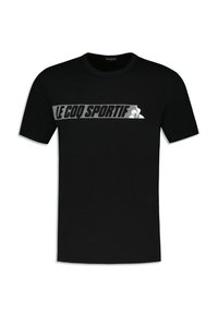 T-shirt en coton noir avec un logo "LE COQ SPORTIF" blanc et gris horizontal estampé sur la poitrine. Manches courtes et col rond.