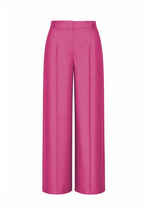 Pantalon magenta taille haute, jambes larges, avec passants de ceinture, plis avant et fermeture éclair invisible.
