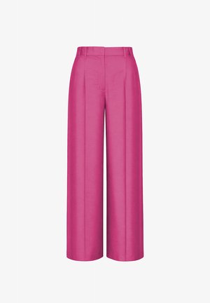 Pantalon magenta taille haute, jambes larges, avec passants de ceinture, plis avant et fermeture éclair invisible.