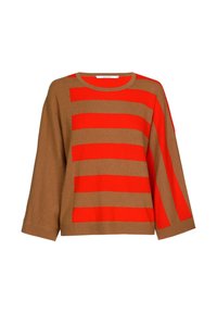 Braun-rot gestreifter Pullover mit Rundhalsausschnitt und Dreiviertelärmeln, aus einem weichen Strickmaterial gefertigt.