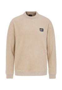 Felpa in pile beige con scollatura rotonda, polsini e orlo a costine. Presenta una piccola toppa nera con un design montano e il nome del marchio.