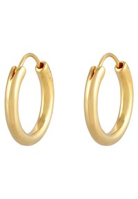 Guld hoops øreringe med et glat, rundt design. De har en hængsel-lukning og en poleret finish, der udstråler en subtil glans.