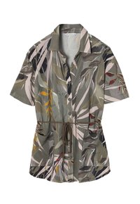 Camicia a maniche corte con bottoni di colore verde in tessuto a fantasia di foglie. Presenta un nastro elastico in vita e due tasche frontali.