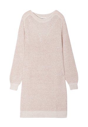Vestido de suéter de punto rosa claro con mangas largas, escote en forma de V, puños y dobladillo acanalados, con un tejido texturizado y un corte holgado.
