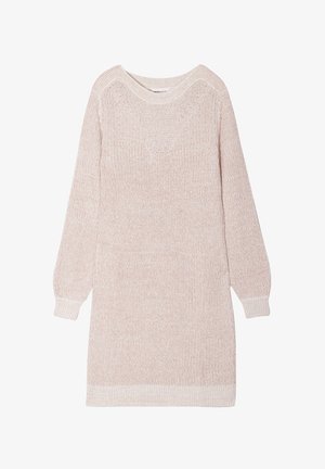 Abito maglione rosa chiaro a maniche lunghe, con scollo a V, polsini e orlo a costine, caratterizzato da un tessuto testurizzato e una vestibilità morbida.