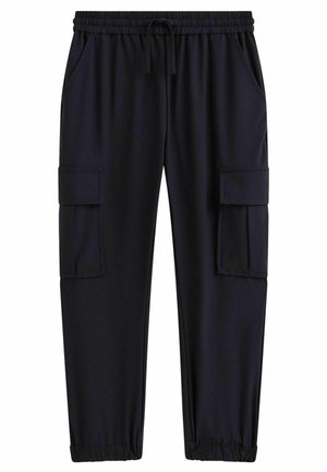 Sorte cargo joggerbukser med elastik i taljen, snøre, sidelommer, store klaplommer på lårene og elastiske manchetter ved anklerne.