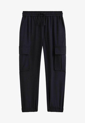 Zwarte cargo joggerbroeken met elastische tailleband, trekkoord, zijzakken, grote klepzakken op de dijen en elastische boorden bij de enkels.