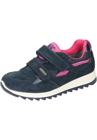 Kindersneaker in Marineblau und Pink mit Klettverschlüssen, weißer Sohle und strukturiertem schwarzen Außensohlen für besseren Halt.