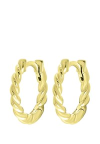 Boucles d'oreilles en or en forme d'anneau avec un design en corde torsadée, présentant une finition polie et un mécanisme de fermoir sécurisé. Forme ovale classique.