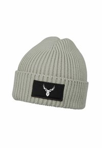 Light gray ribbed knit beanie with folded cuff featuring a black patch displaying a white geometric deer head logo.