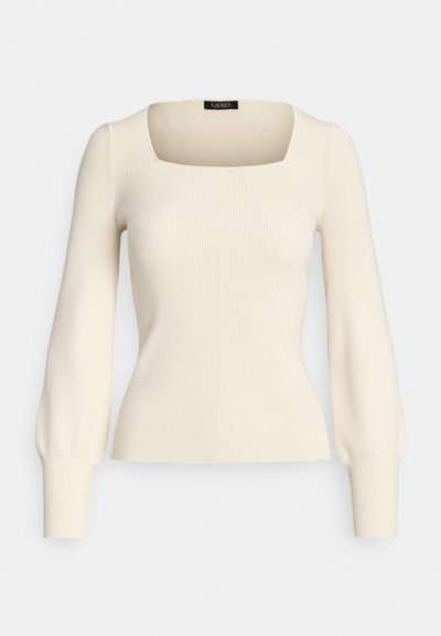 Haut long à manches longues en maille côtelée couleur crème avec un col carré et une coupe ajustée. Caractéristiques : manches bouffantes et texture lisse.