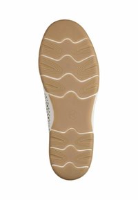 Sole della scarpa con un design in gomma color beige, caratterizzata da un motivo a onde e un accento laterale bianco, che offre aderenza e stabilità.