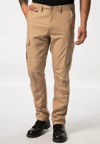 Khaki Cargo-Hosen aus leichtem Material mit mehreren Seitentaschen, Knopfverschluss und gerader Beinform.