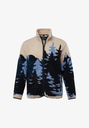 Fleece-takki, jossa on vetoketju etupuolella, esittelee vaaleanruskeita, sinisiä ja mustia puusiluetteja. Pehmeä tekstuuri, korkea kaulus ja taskut.