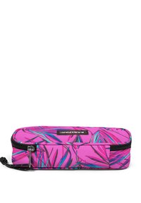 Astuccio rosa con design a motivi di foglie blu e verdi, dotato di una cerniera nera e di un'etichetta con logo, realizzato in materiale durevole.