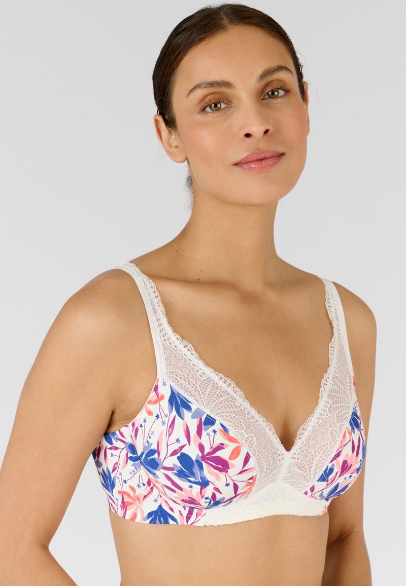 Bralette con pizzo a contrasto in un motivo floreale con colori rosa, blu e crema. Tessuto morbido con un design a coppa triangolare e bretelle regolabili.
