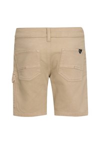 Bermuda cargo beige con parte anteriore liscia, due tasche posteriori e dettagli sulle tasche laterali. Realizzato in cotone con una texture morbida.