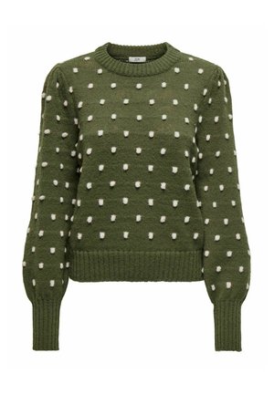 Zeleni pleteni pulover s bijelim pomponima, okrugli izrez, rebraste manžete i rub, s teksturiranom površinom za dodatne detalje.