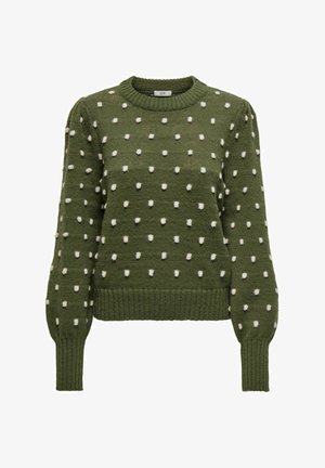 Grüner gestrickter Pullover mit weißen Bobbelakzenten, Rundhalsausschnitt und gerippten Bündchen und Saum, der eine strukturierte Oberfläche für zusätzliche Details aufweist.