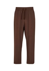 Bruine, taps toelopende broek met een elastische tailleband en een koord. Gladde textuur, plooien aan de voorkant, geen zakken en een minimalistisch ontwerp.