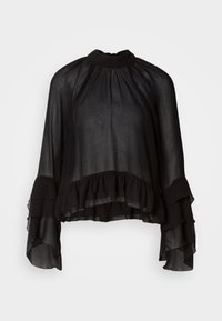 Svart genomskinlig blus med hög halsringning, breda utsvängda ärmar och volangdetaljer i nederkant och på ärmsluten.
