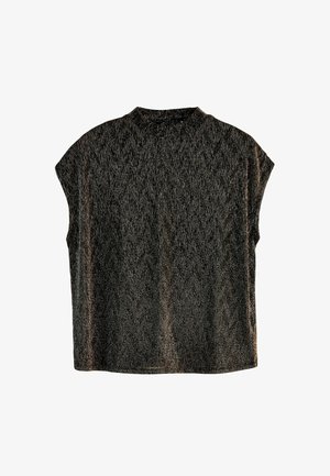 Haut sombre à texture, à manches courtes, avec un col haut et un motif abstrait strié. Confectionné dans un tissu doux et léger.