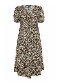 Mekko, jossa on leopardikuosiset lyhyet puffihihat, v-pääntie ja A-linjainen siluetti. Valmistettu kevyestä kankaasta, joissa on ruskeita ja beigejä sävyjä.