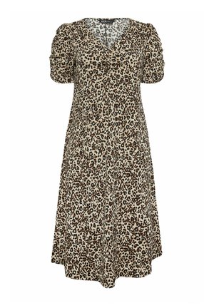 Jurk met luipaardprint, korte pofmouwen, v-hals en een A-lijn silhouet. Gemaakt van lichtgewicht stof, in bruin en beige tinten.