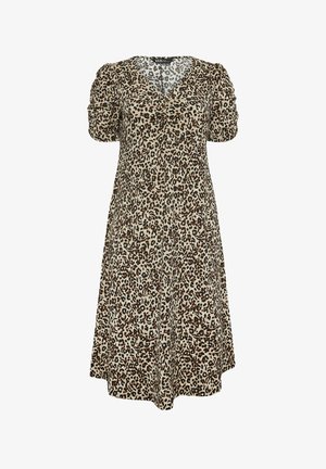 Sukienka w panterkę z krótkimi bufkami, dekoltem w kształcie litery V i sylwetką w kształcie litery A. Wykonana z lekkiego materiału, w odcieniach brązu i beżu.