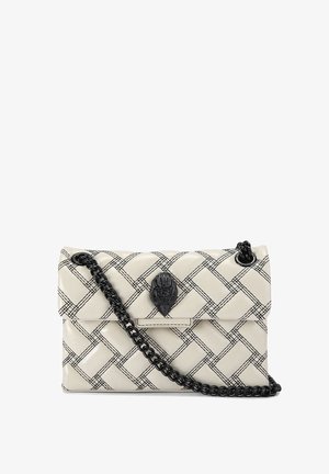Cream-colored woven handbag with a black chain strap, featuring a textured black clasp and a crosshatch pattern on the exterior.