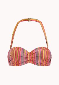 Pruhovaný bikinový top v živé růžové, zelené a oranžové. Má design s otočeným středem, nastavitelné ramínka a zlaté akcenty.