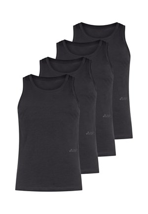 Vier schwarze ärmellose Tanktops in versetzter Anordnung auf schlichtem weißen Hintergrund gestapelt.