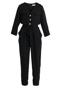 Svart jumpsuit med långa ärmar, V-ringning, fyra fickor och ett knytbälte. Har fem stora knappar fram.