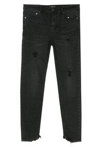 Jeans ajustados de mezclilla negra con detalles desgatados. Cuenta con bolsillos en la parte delantera, cremallera y dobladillos deshilachados en la parte inferior.
